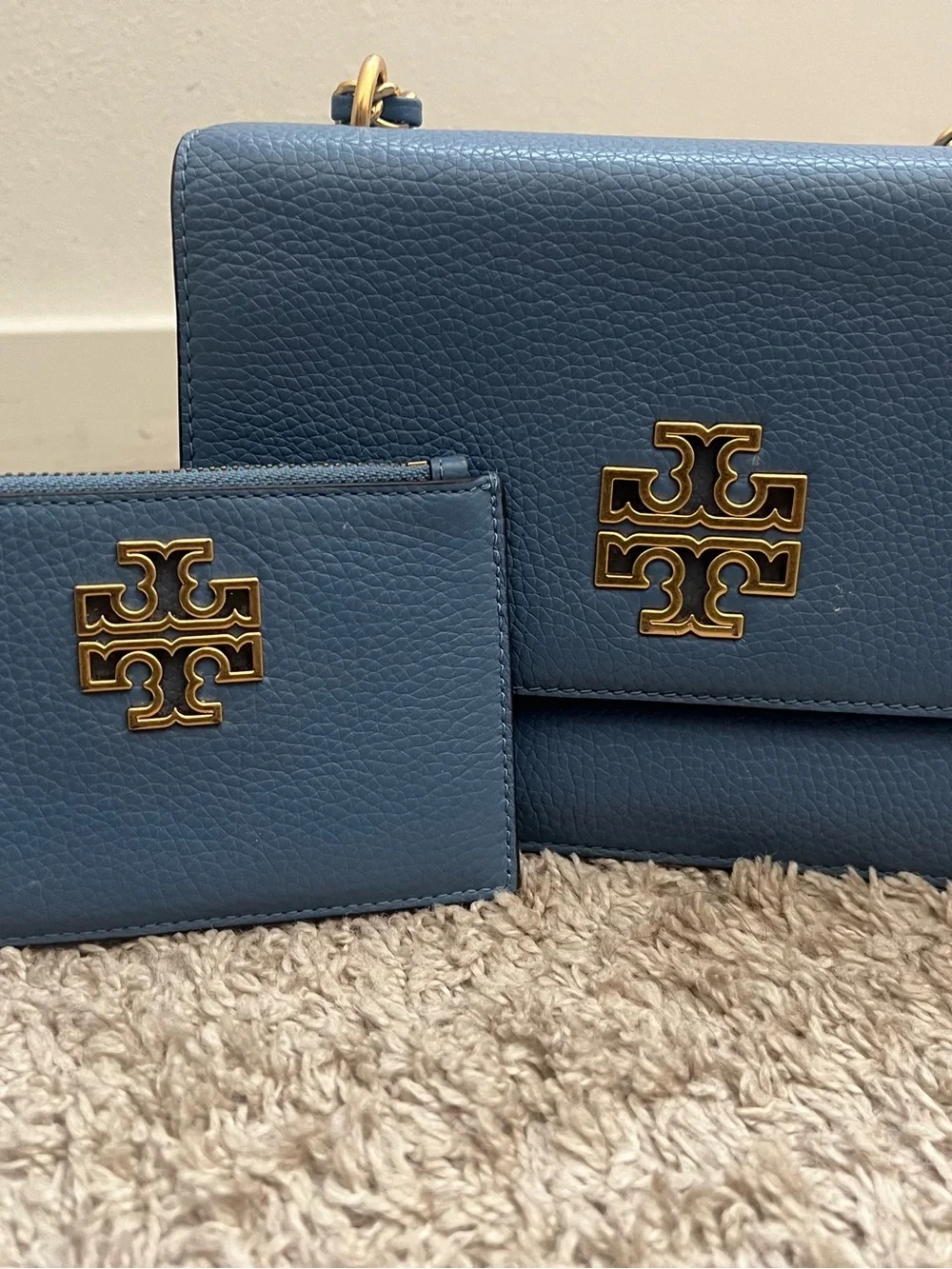 Tory Burch Denim Blue Pebbled Leather Crossbody with Matching Pouch